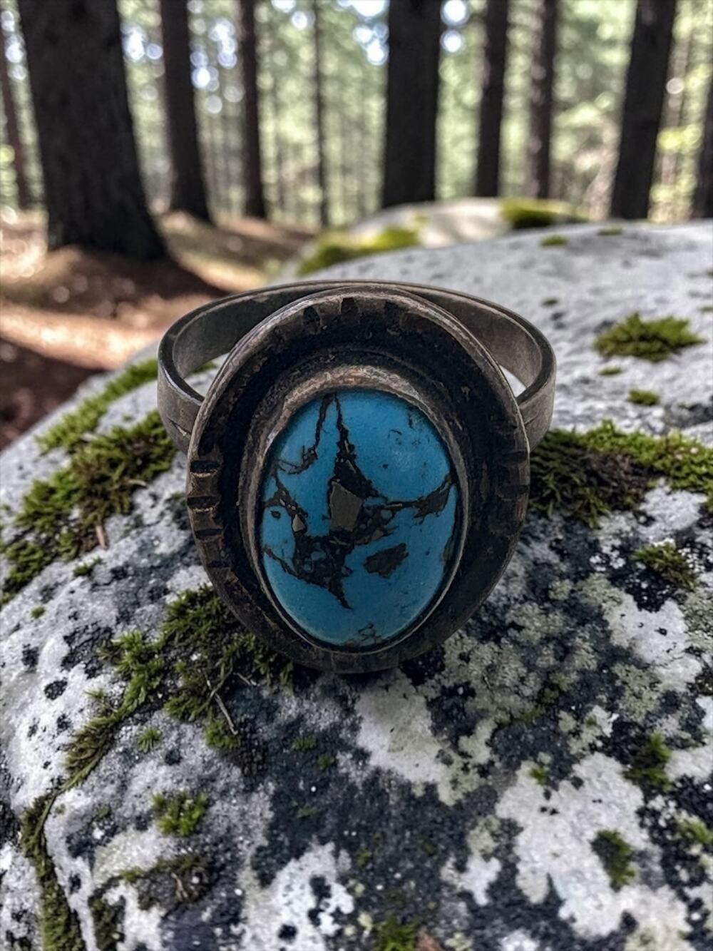 Vintage sterling silver turquoise statement ring with wide band bezel setting pa